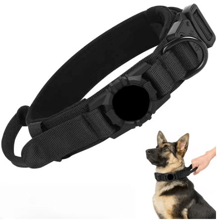 Adjustable tactical nylon dog collar with built-in AirTag holder and durable metal buckle for training and tracking.