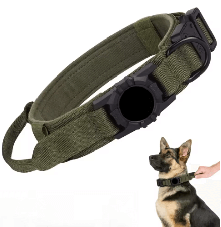Adjustable tactical nylon dog collar with built-in AirTag holder and metal buckle, shown on a German Shepherd.
