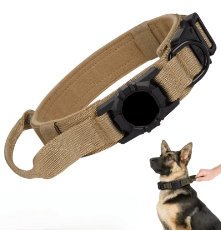 Adjustable tactical nylon dog collar with built-in AirTag holder and control handle for training.