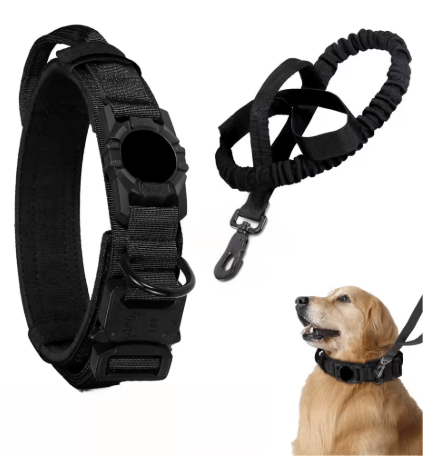 Adjustable tactical nylon dog collar with AirTag holder and metal buckle, featuring a dog on a leash.