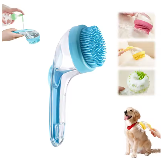 2-in-1 pet bath brush with shampoo dispenser for dogs and cats, featuring soft silicone bristles and ergonomic design.