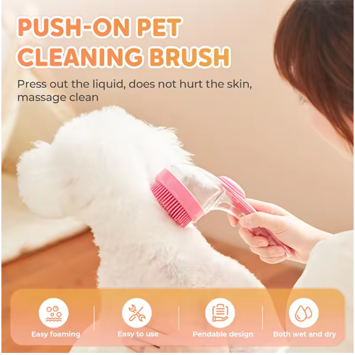 Person using a push-on pet cleaning brush on a dog, showcasing easy foaming and massage features.