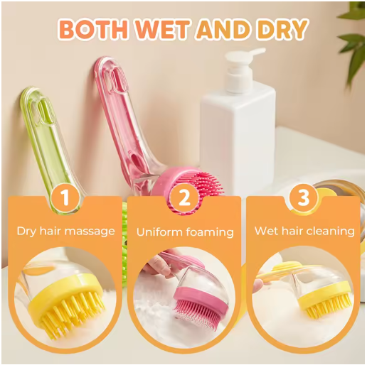 2-in-1 pet bath brush showcasing wet and dry features for grooming, with shampoo dispenser and massage options.