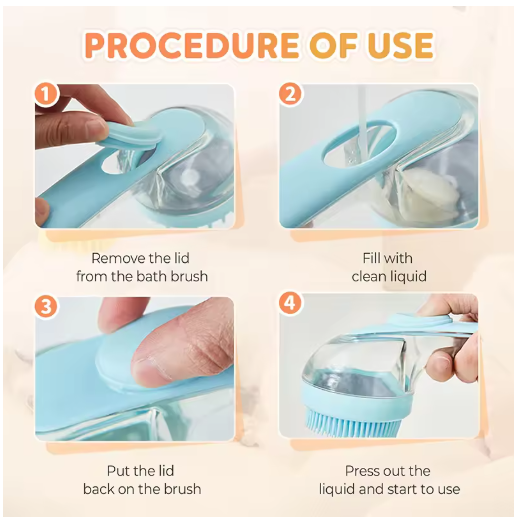 Step-by-step guide for using the 2-in-1 Pet Bath Brush with liquid soap dispenser.
