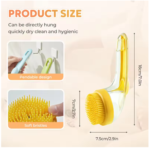 2-in-1 pet bath brush featuring soft bristles, ergonomic design, and dimensions for easy hanging and cleaning.