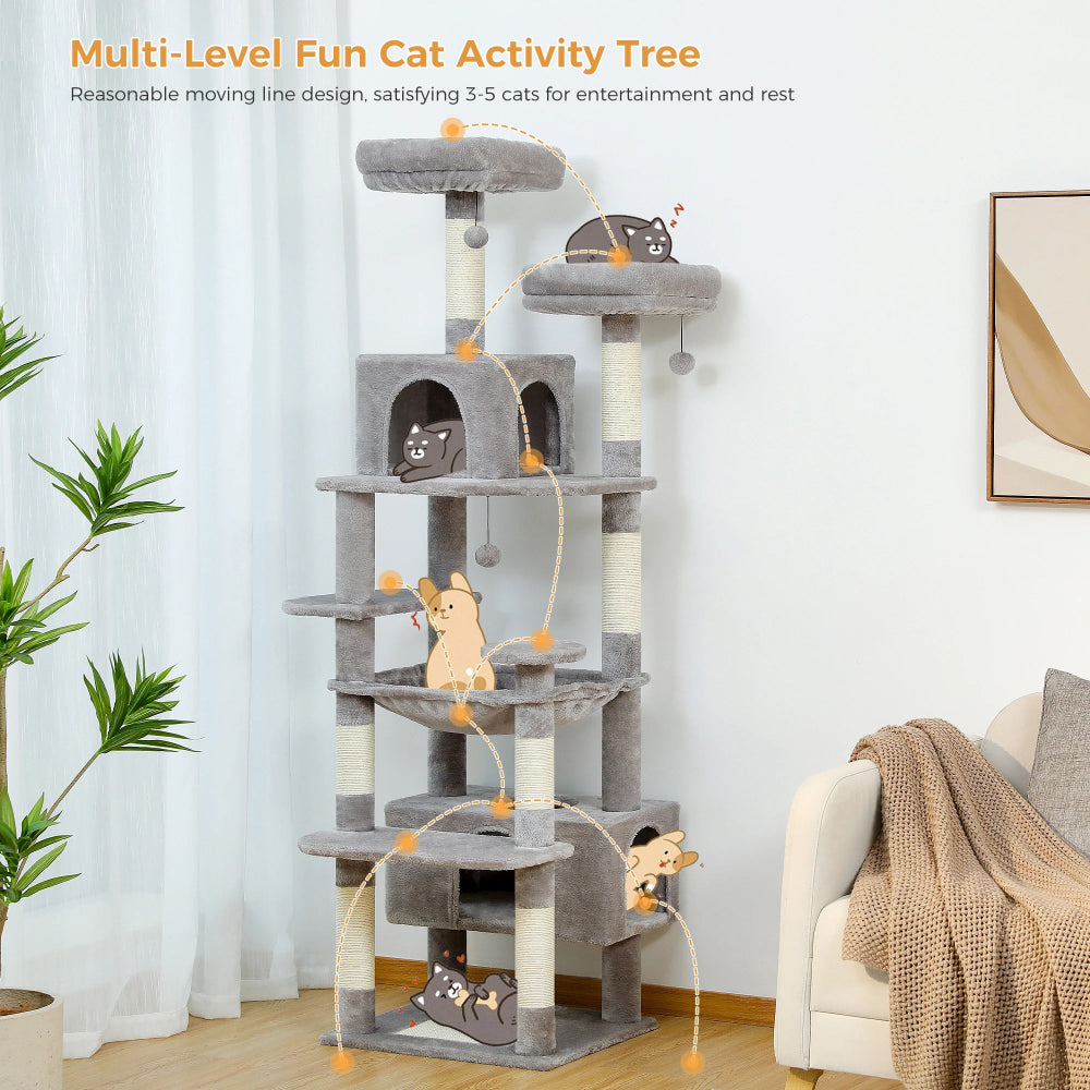 Multi-level cat activity tree with various perches and toys in a living room setting.