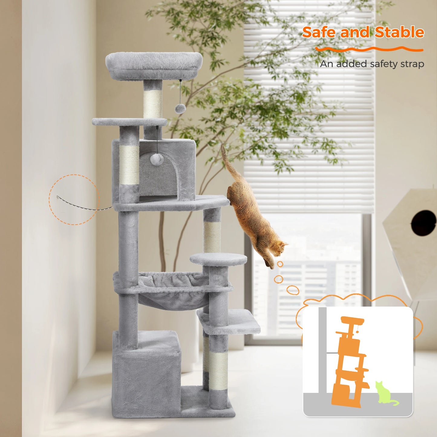Gray cat tree with multiple levels and a safety strap feature, placed indoors.