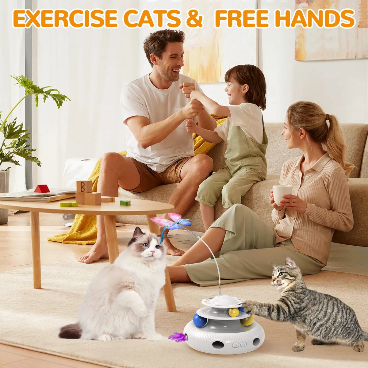 Family playing with a cat toy in a living room