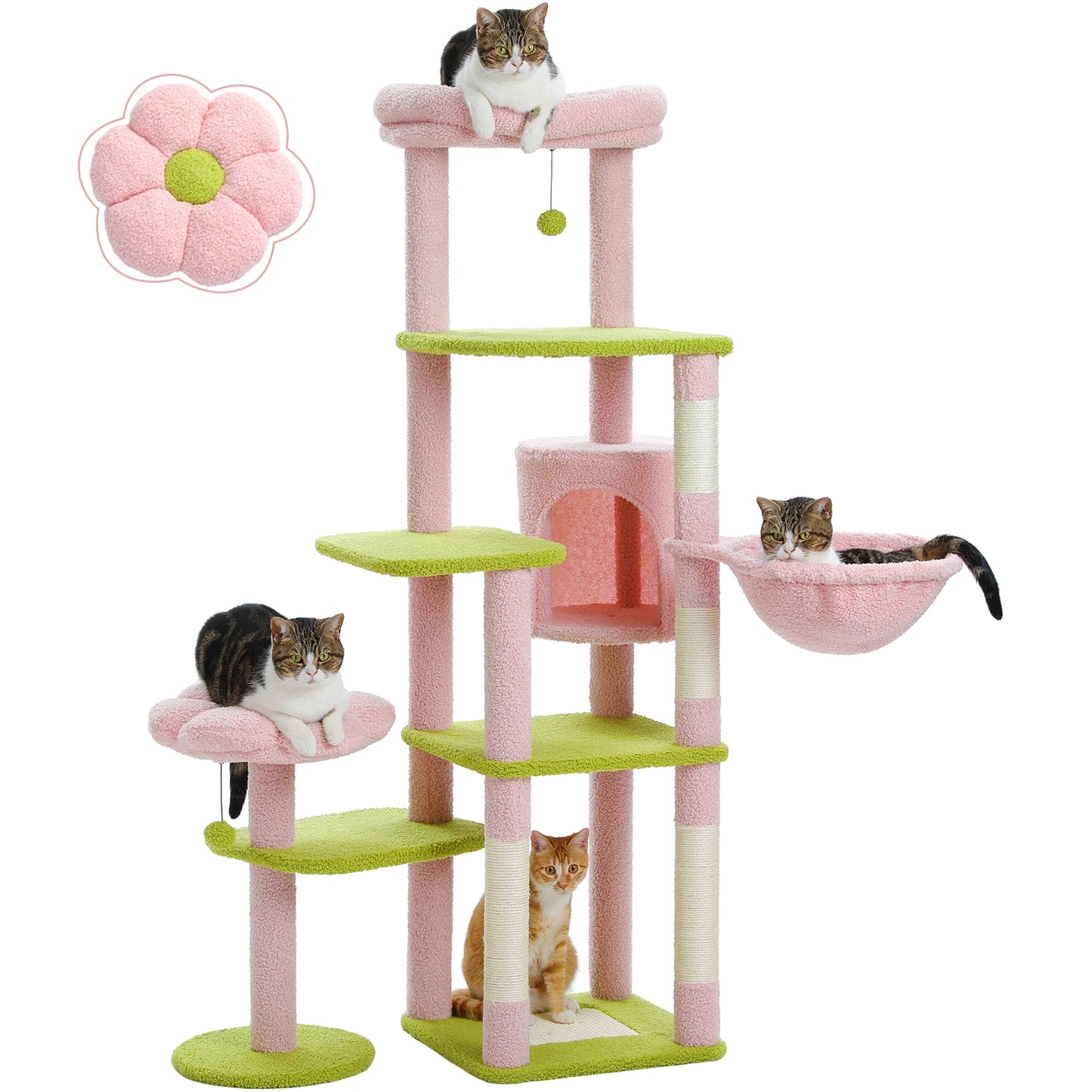 Pink and green cat tree with multiple levels and a flower-shaped cushion on a white background