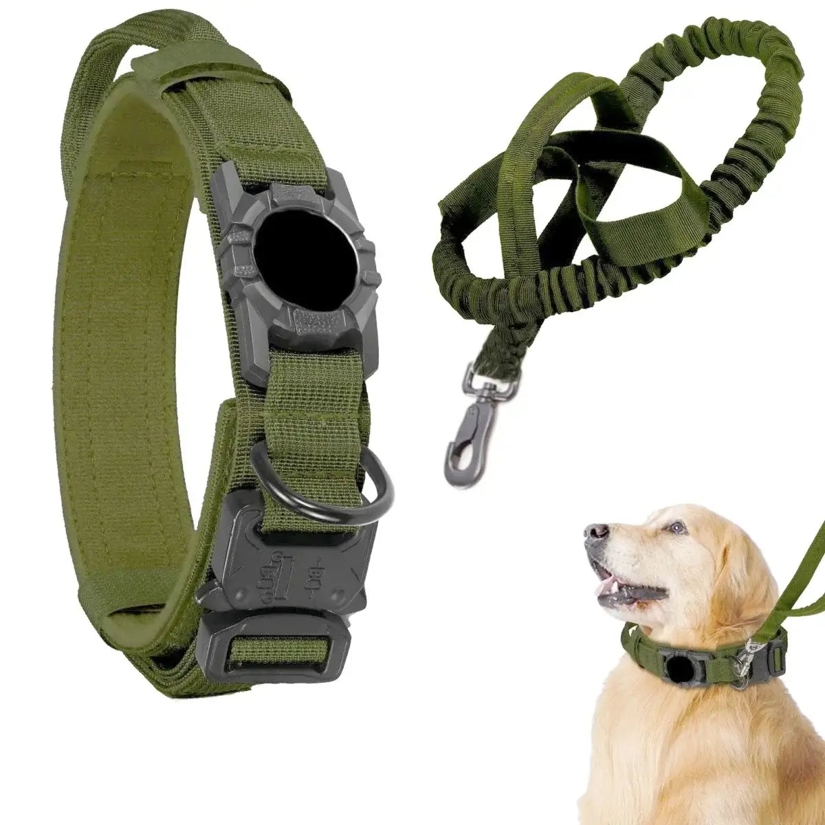 Adjustable tactical nylon dog collar with metal buckle, AirTag holder, and padded leash, suitable for training and outdoor activities.