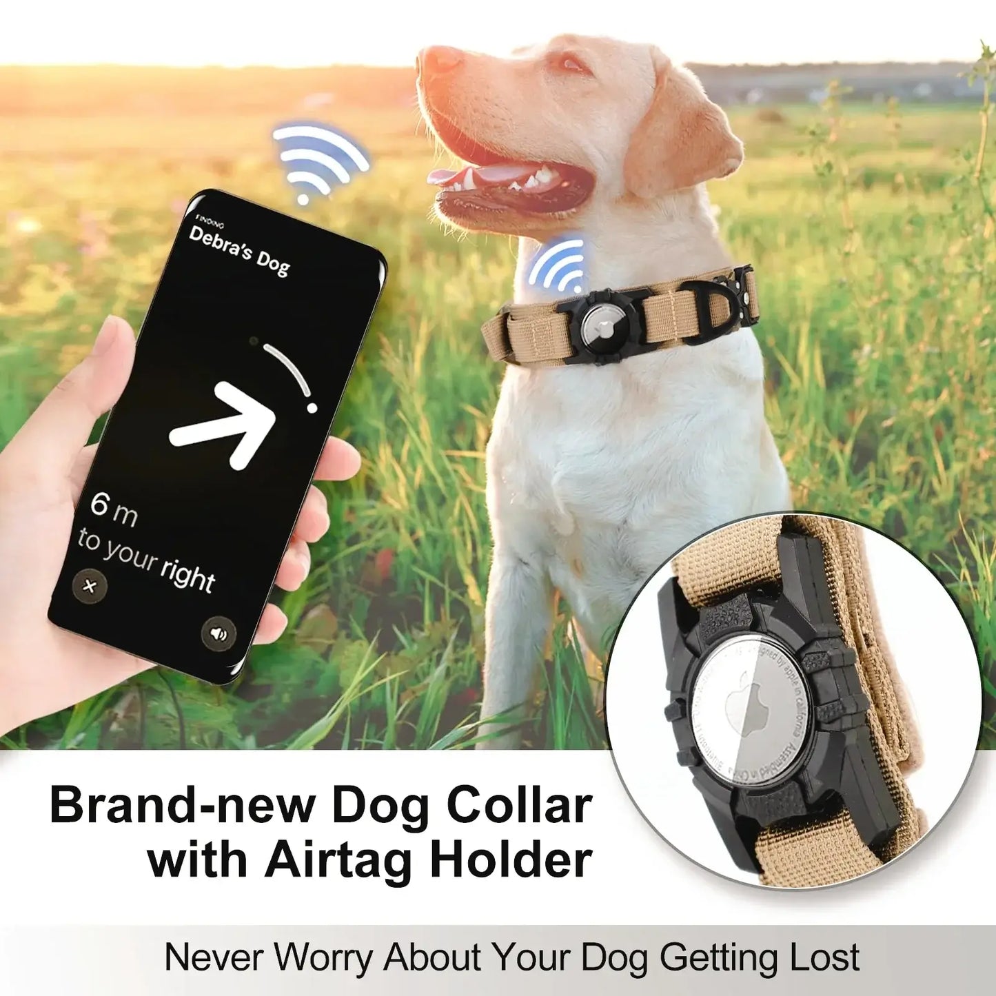 Adjustable dog collar with AirTag holder, smartphone tracking, and durable design for safety and training.