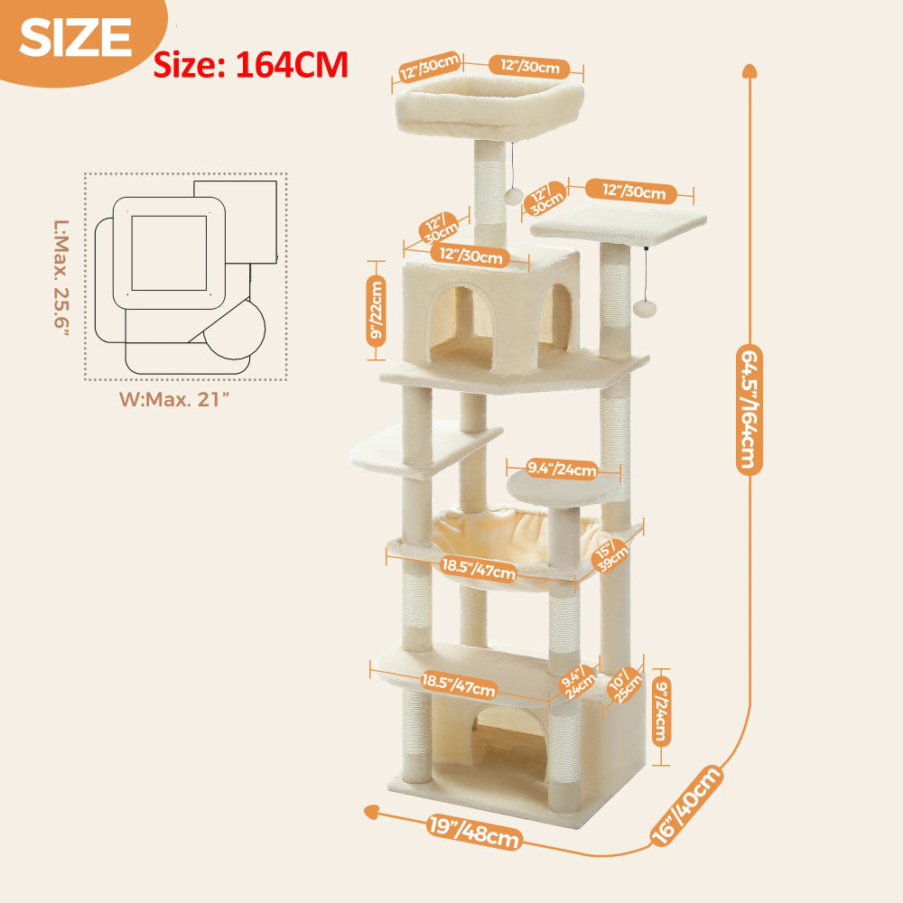 Measurement chart of a beige cat tree with dimensions labeled