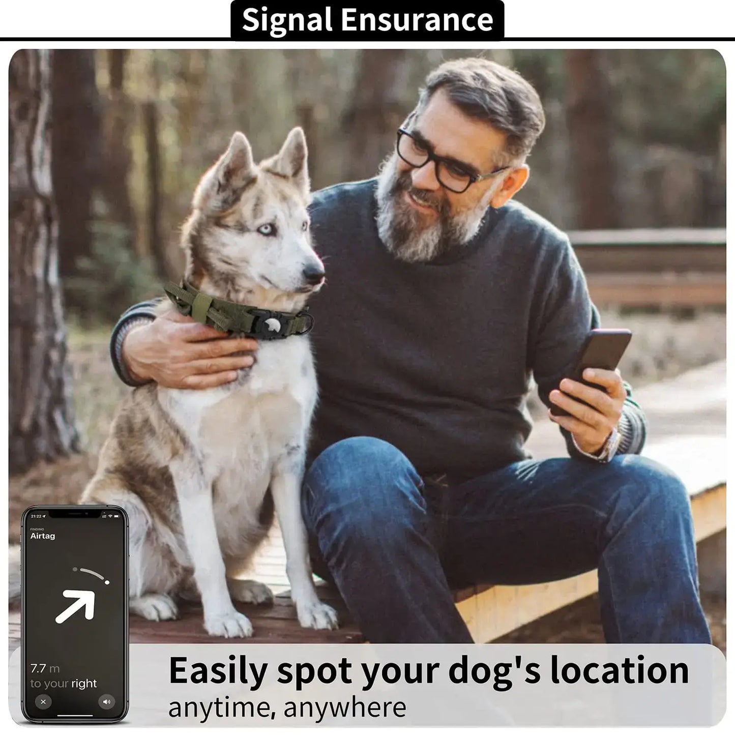 Man with adjustable tactical dog collar using AirTag for easy dog location tracking outdoors.