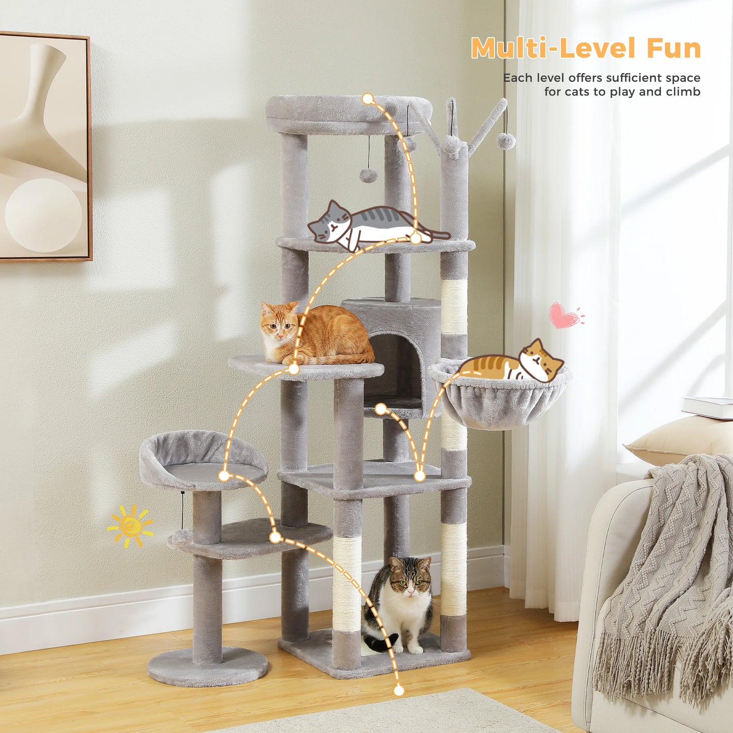 Multi-level cat tree with cats on each level in a home setting