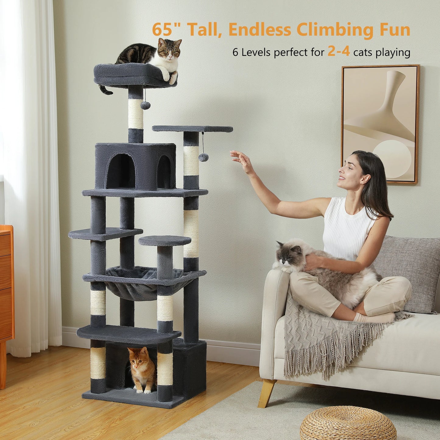 Cat tree with multiple levels, a woman sitting on a couch with a cat, and another cat on the floor.