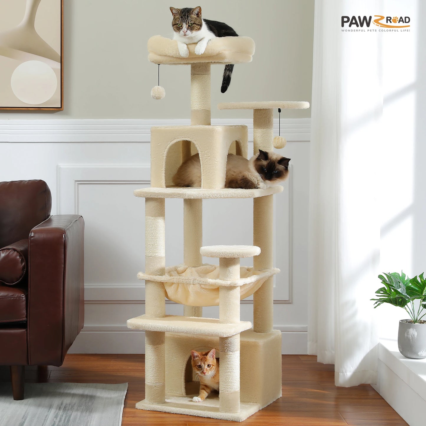 Cat tree with multiple cats in a living room setting, featuring the brand 'PAWROAD'.