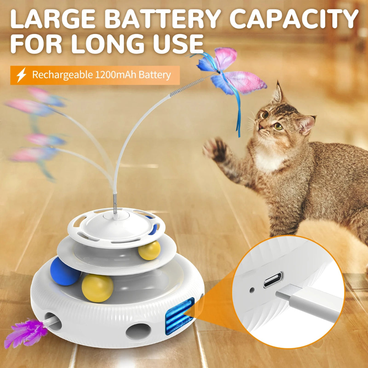 Cat toy with colorful feathers and a cat interacting with it, highlighting large battery capacity.