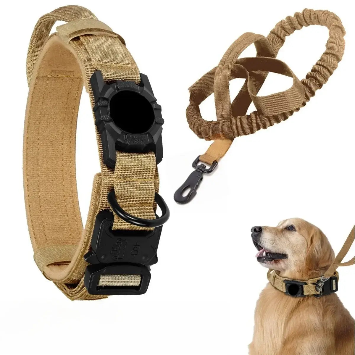 Adjustable tactical nylon dog collar with metal buckle and leash, featuring a happy dog wearing the collar.