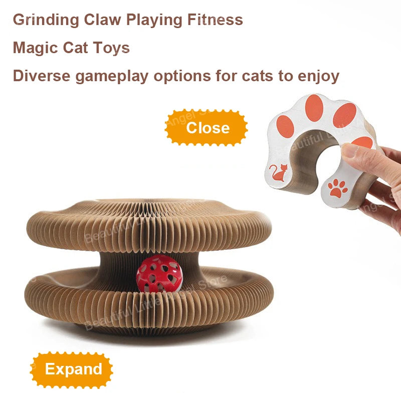 Cat toy with a rotating platform and a paw-shaped toy held by a hand, on a white background.