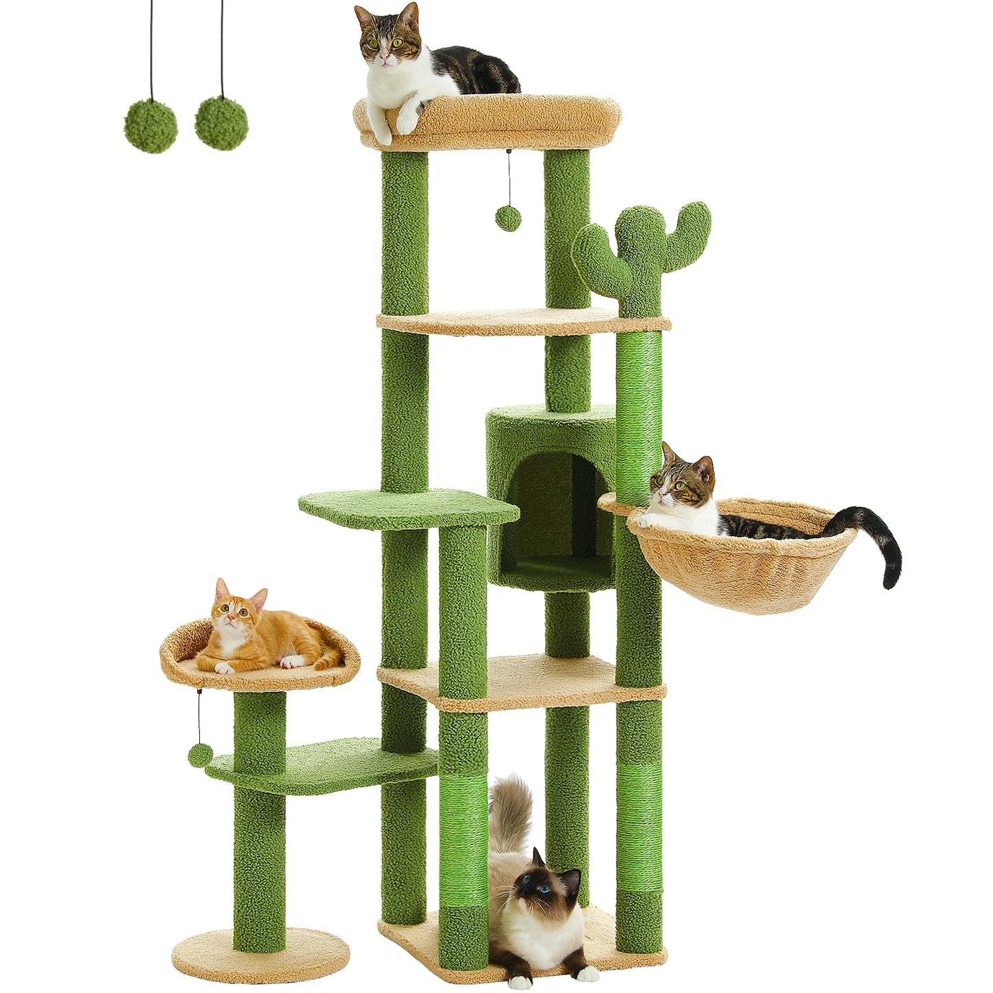 Green cat tree with multiple levels and a basket, featuring four cats on different parts of the structure.