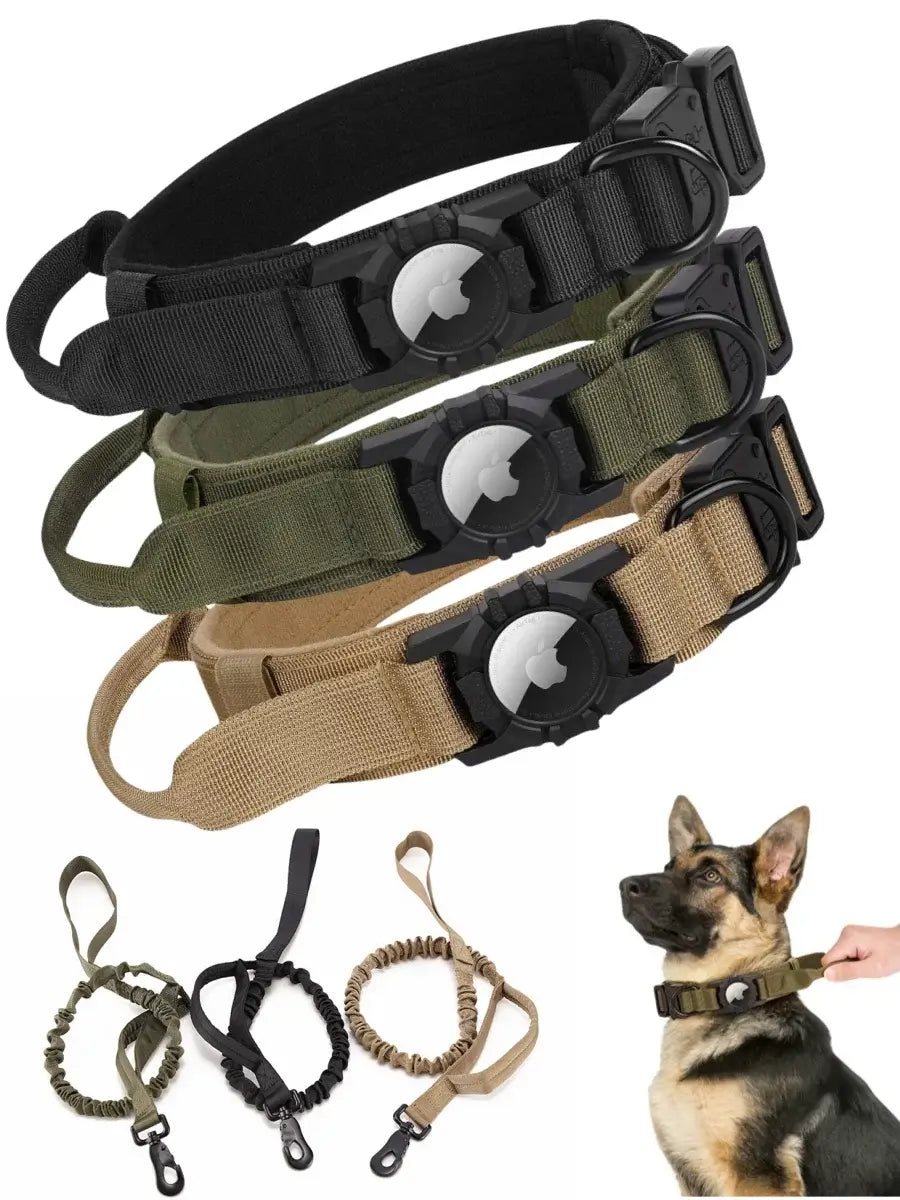 Adjustable tactical dog collars in black, green, and tan with durable buckles for training and control.