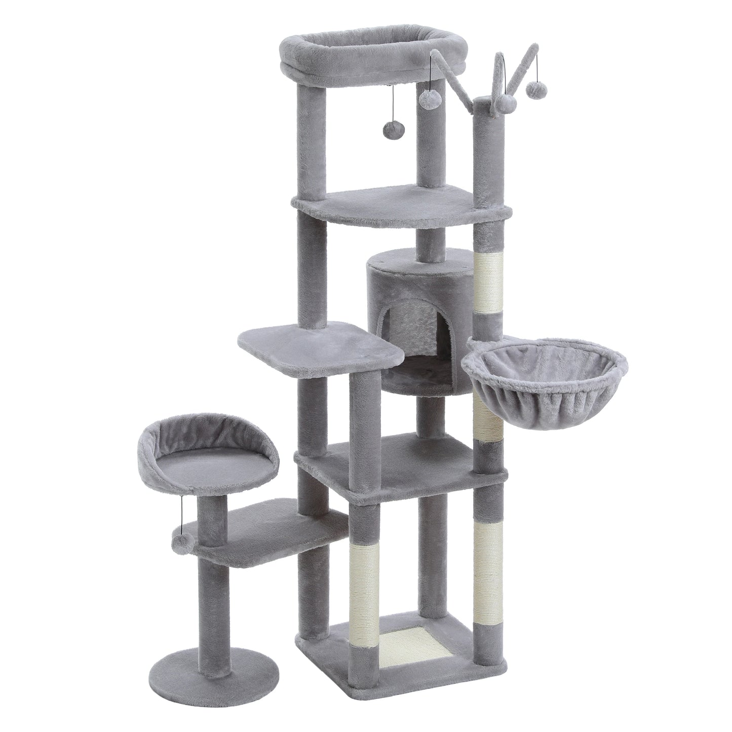 Gray cat tree with multiple levels, perches, and a hammock on a white background
