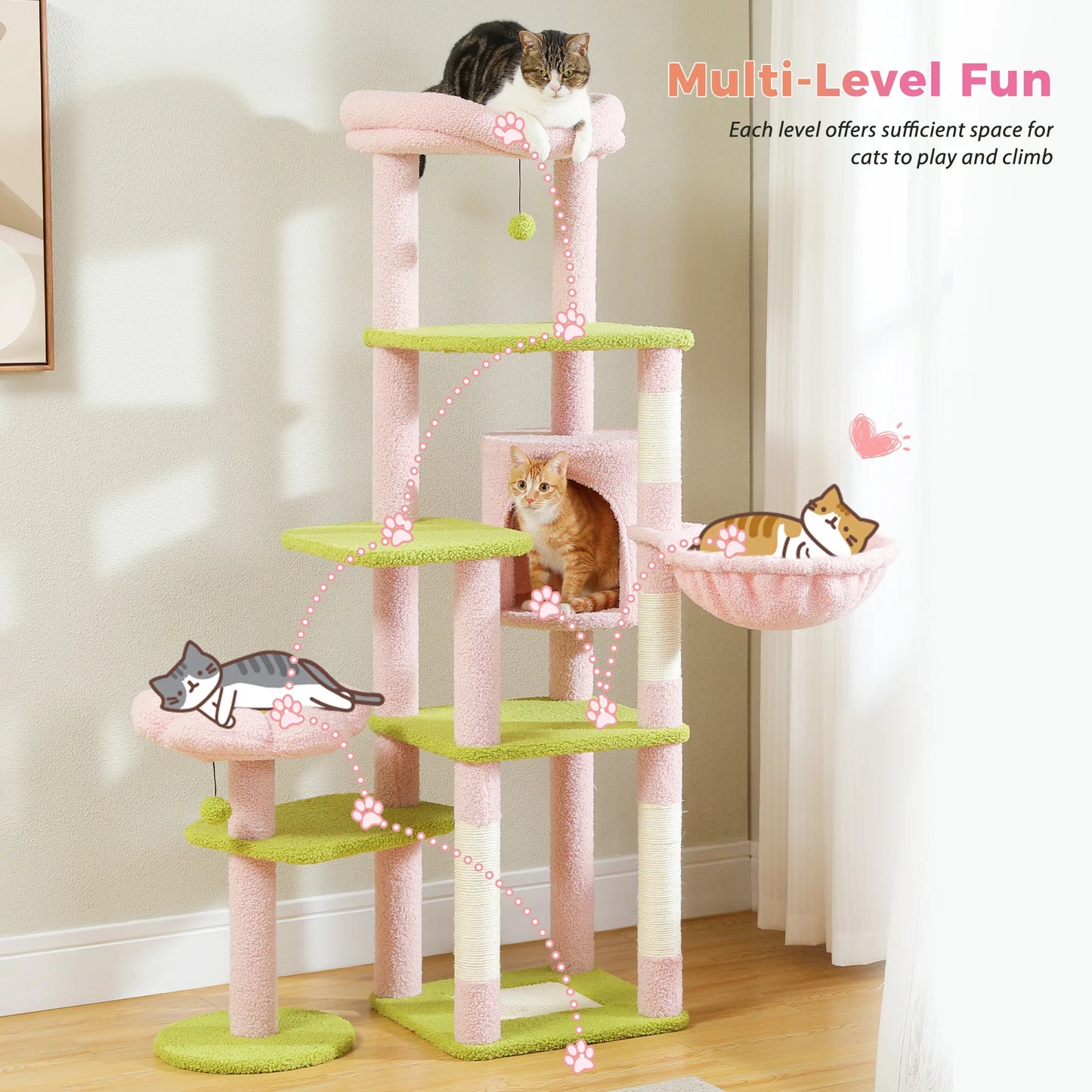 Multi-level cat tree with pink and green colors, featuring text 'Multi-Level Fun' and 'Each level offers sufficient space for cats to play and climb'.