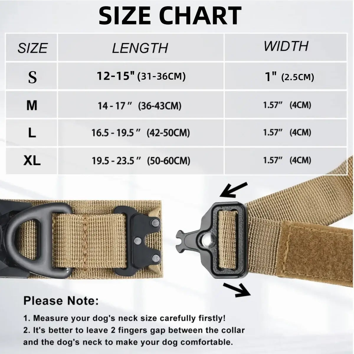 Size chart for adjustable tactical dog collar with length and width measurements for each size.