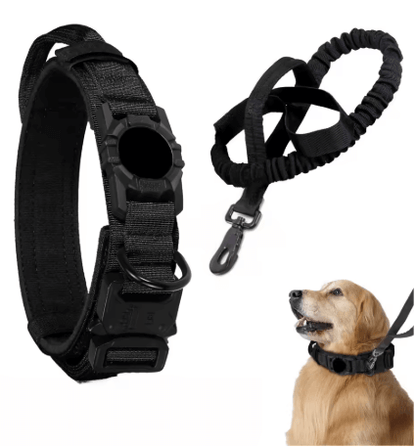Adjustable tactical nylon dog collar with AirTag holder and metal buckle, featuring a dog on a leash.