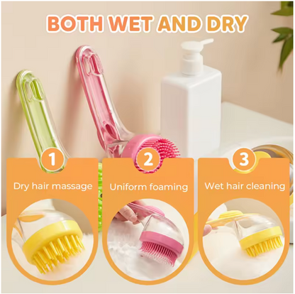 2-in-1 pet bath brush showcasing wet and dry features for grooming, with shampoo dispenser and massage options.