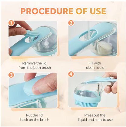 Step-by-step guide for using the 2-in-1 Pet Bath Brush with liquid soap dispenser.