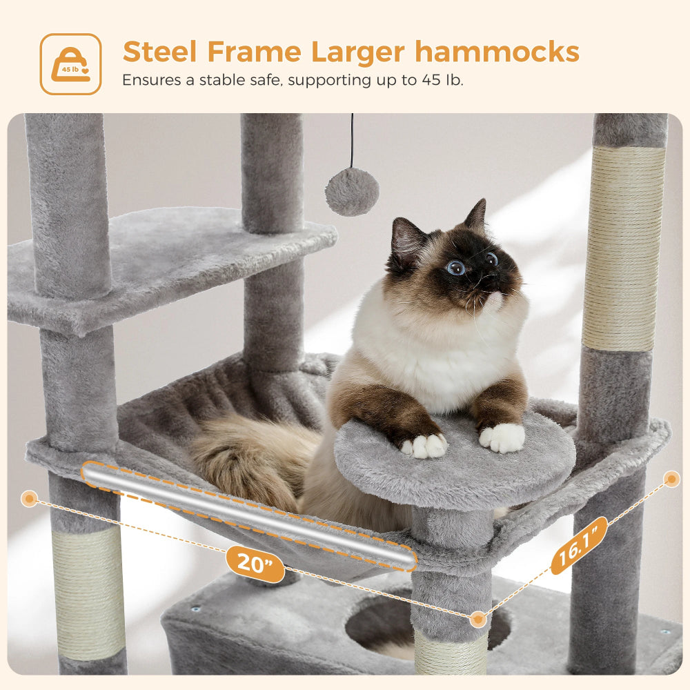 Cat sitting on a gray cat tree with text about steel frame larger hammocks.