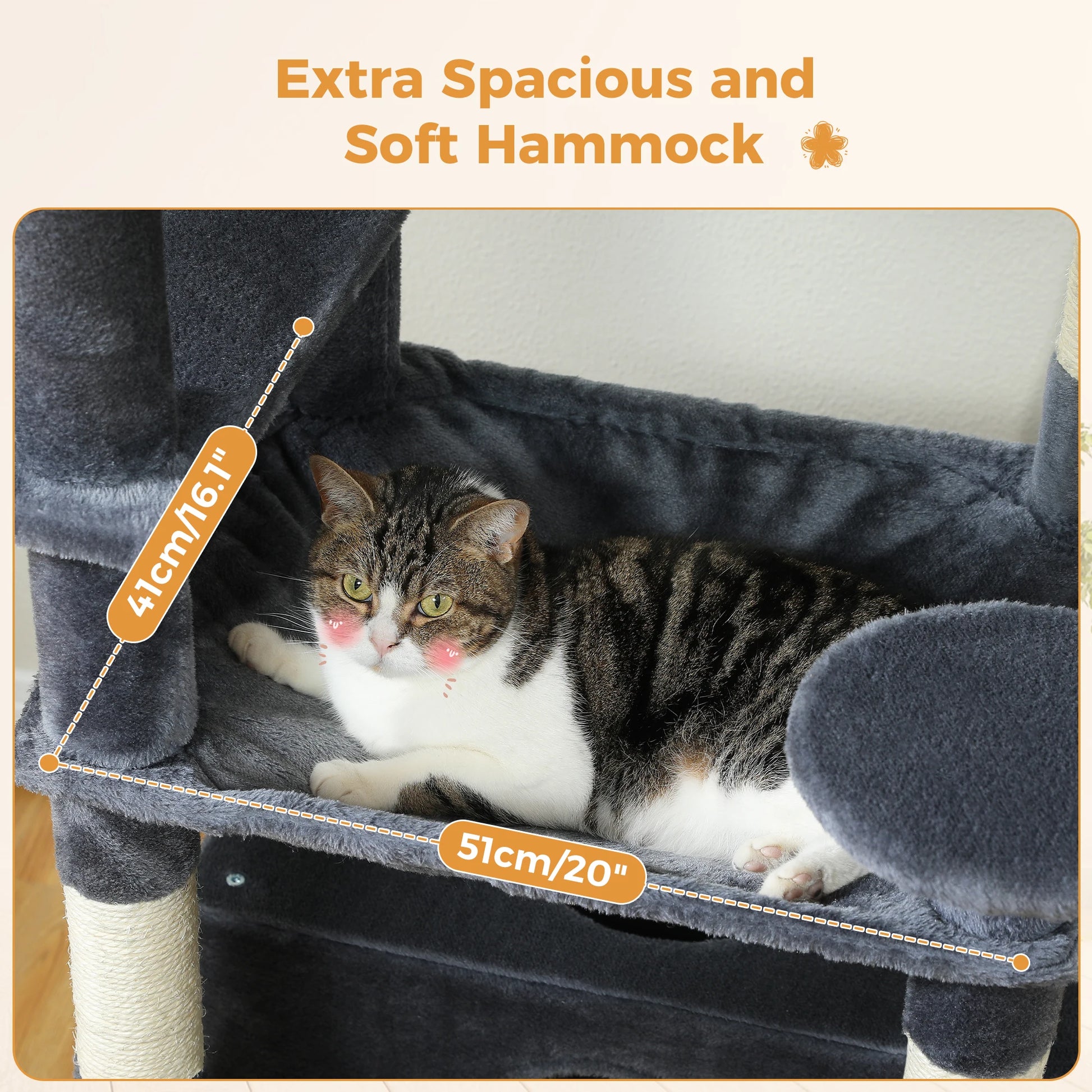 Cat lounging on a soft hammock with measurements indicated