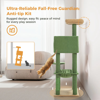 Cat climbing tree with anti-tip kit feature in a living room setting