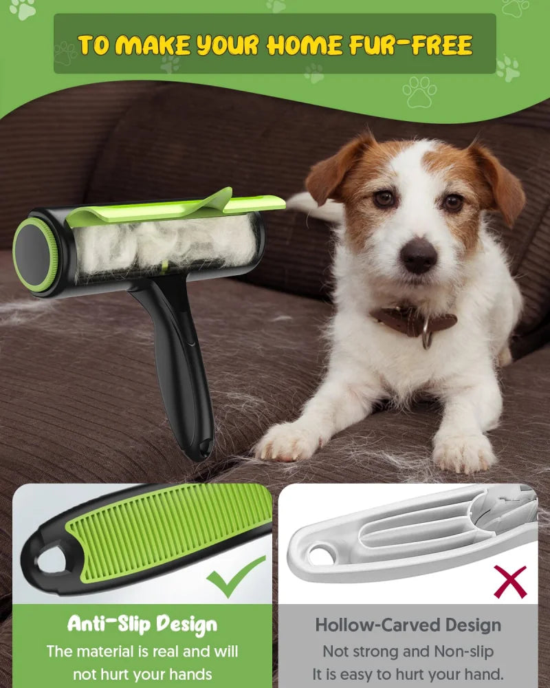 Dog grooming tool with a dog sitting on a couch, promoting a fur-free home.