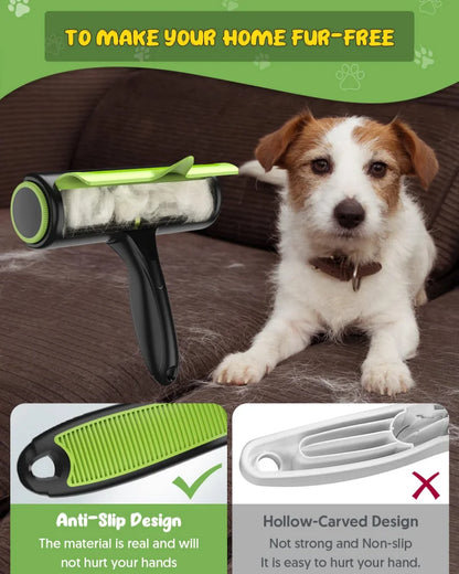 Dog grooming tool with a dog sitting on a couch, promoting a fur-free home.