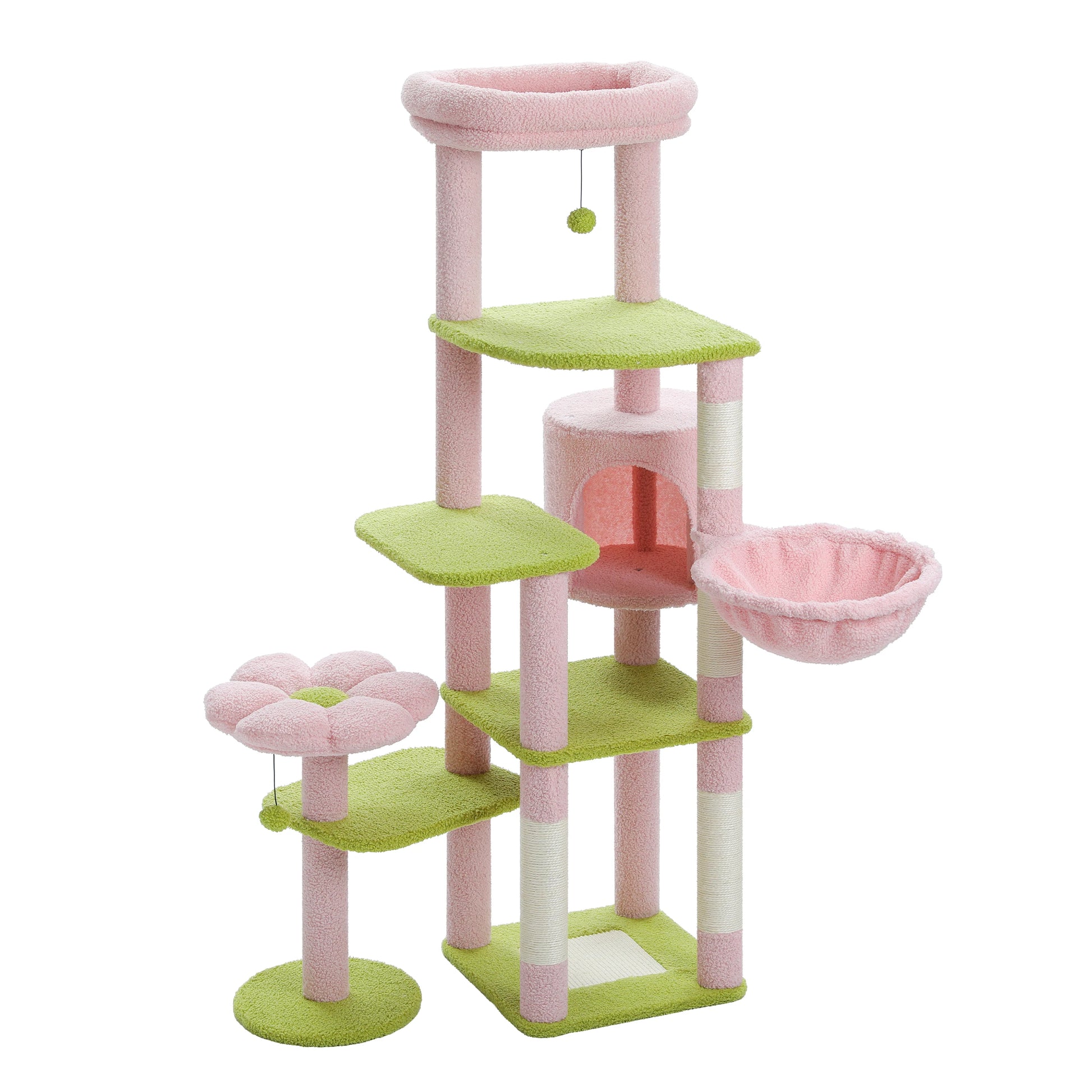 Pink and green cat tree with multiple levels and a flower-shaped perch on a white background