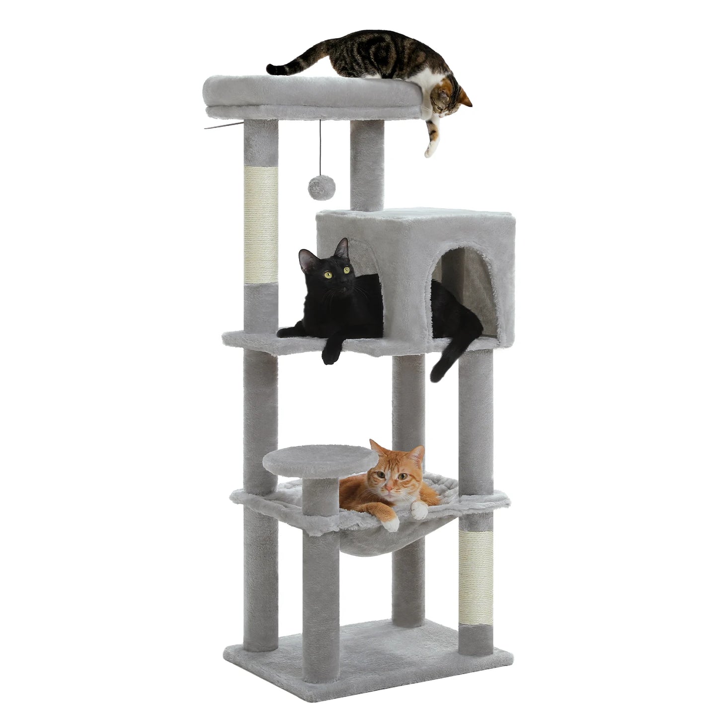 Cat tree with multiple cats on a white background