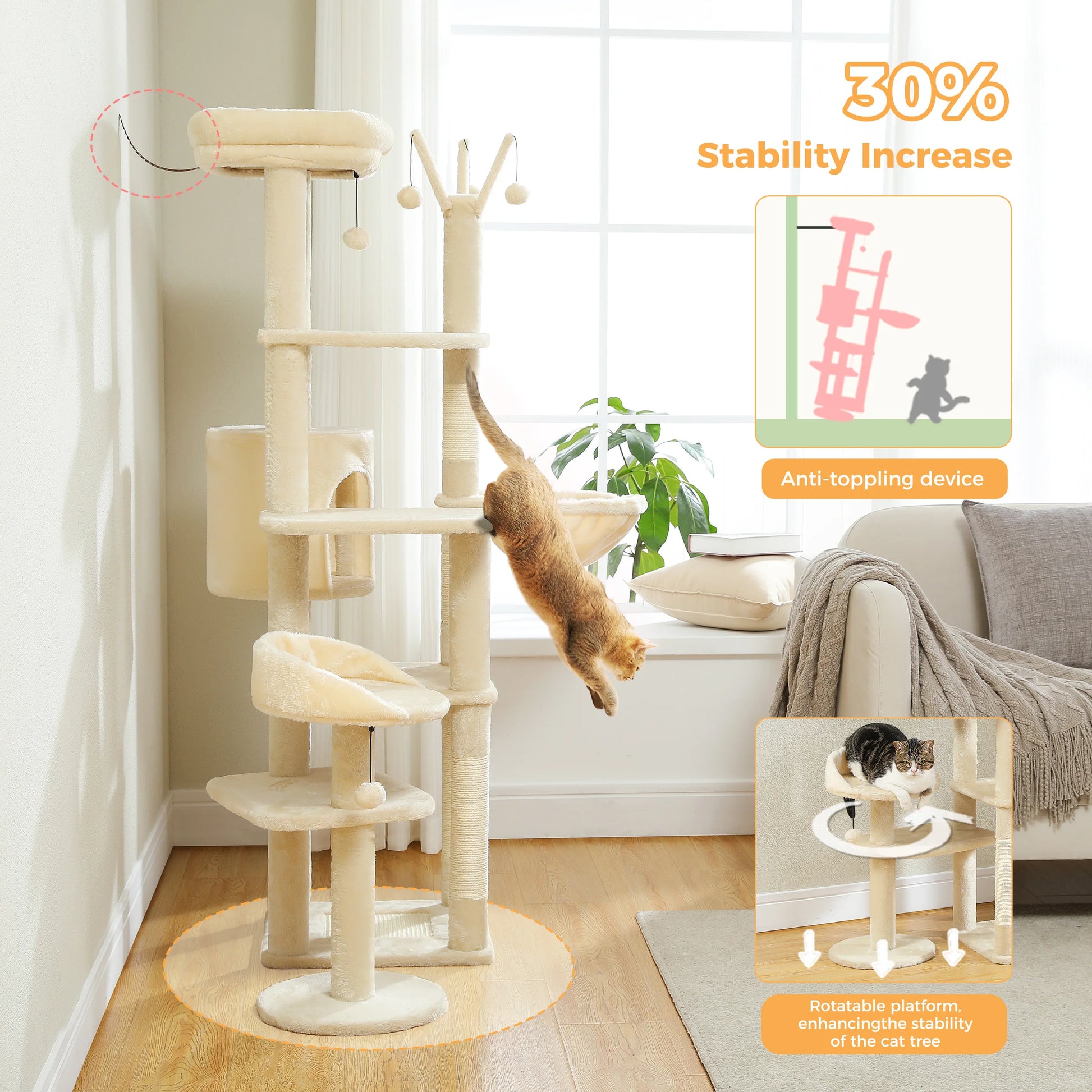 Cat climbing tree with stability increase feature in a home setting