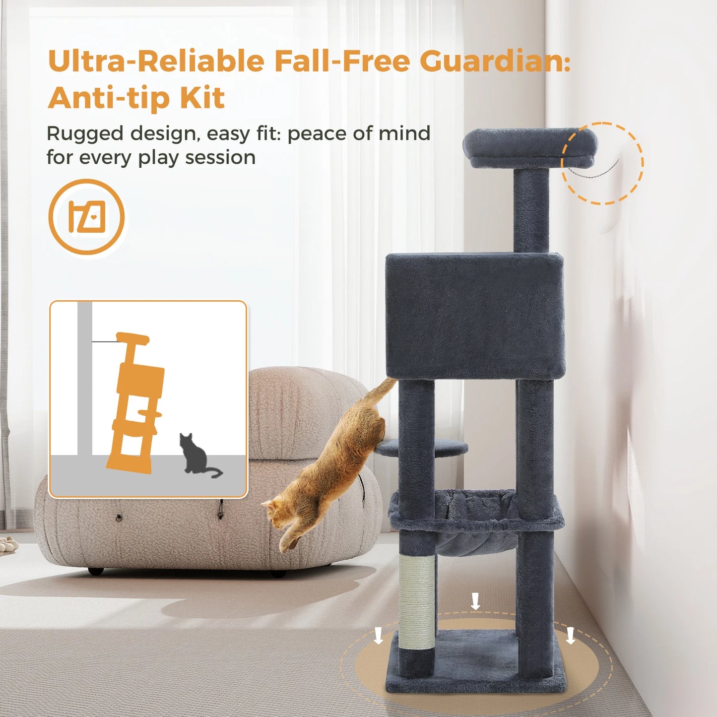 Cat tree with anti-tip kit feature in a living room setting
