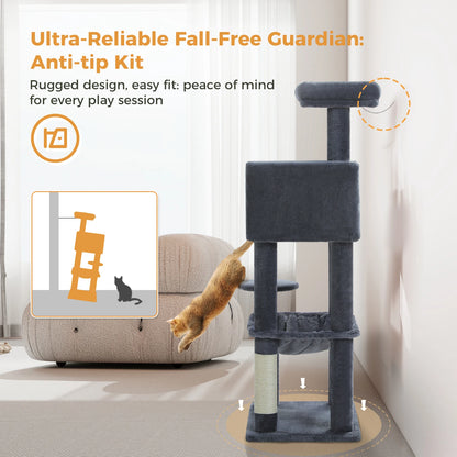 Cat tree with anti-tip kit feature in a living room setting