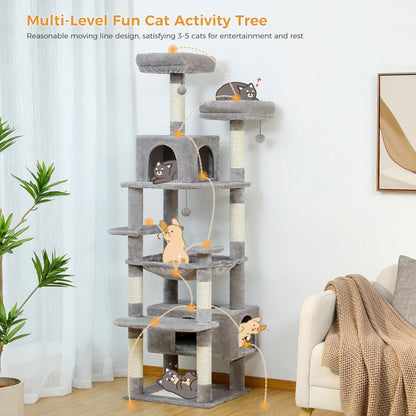 Multi-level cat activity tree with various perches and toys in a living room setting.