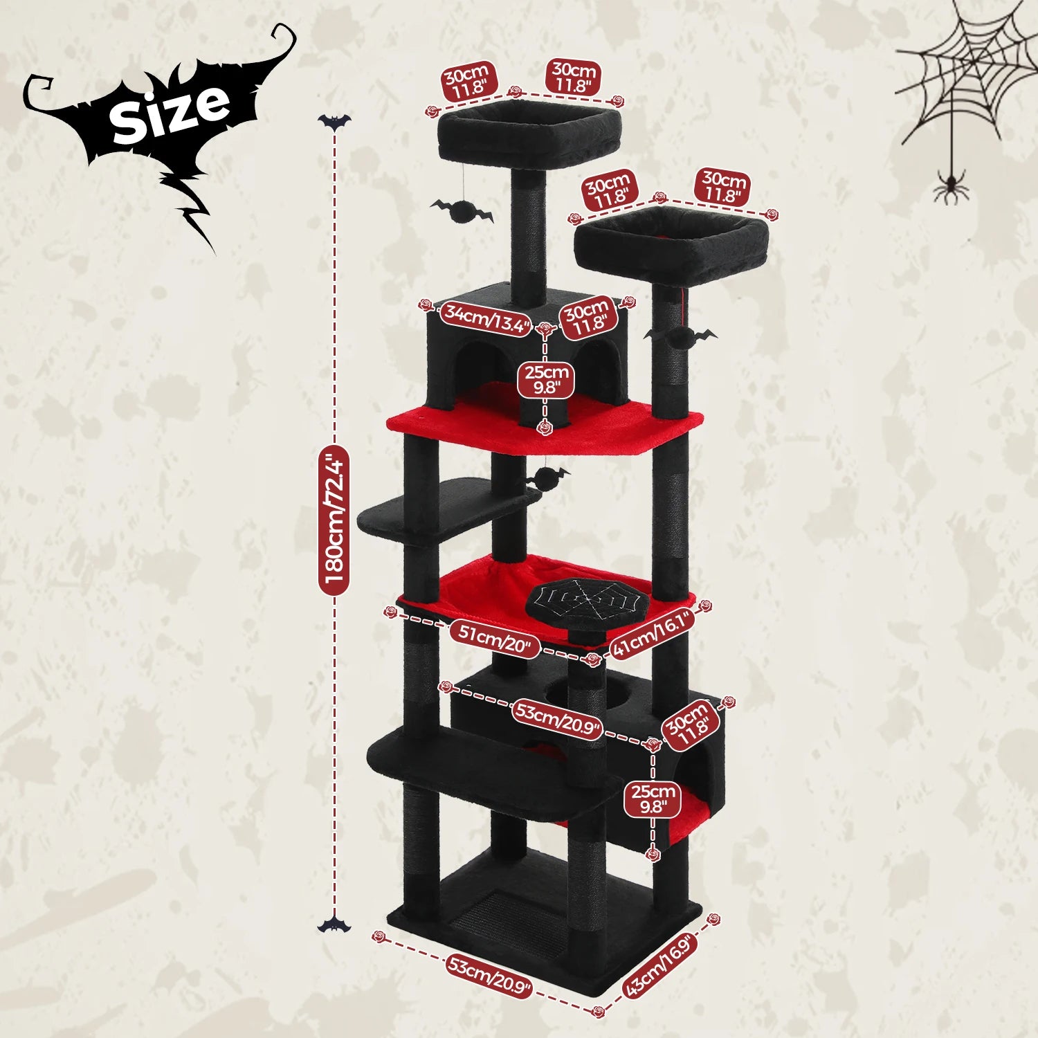 Black and red cat tree with size measurements on a textured beige background