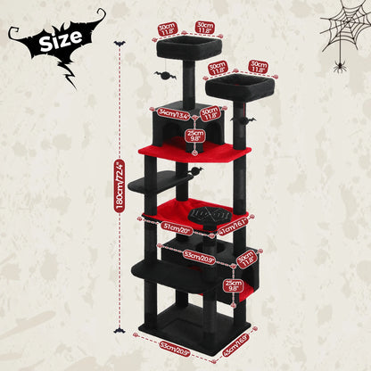 Black and red cat tree with size measurements on a textured beige background