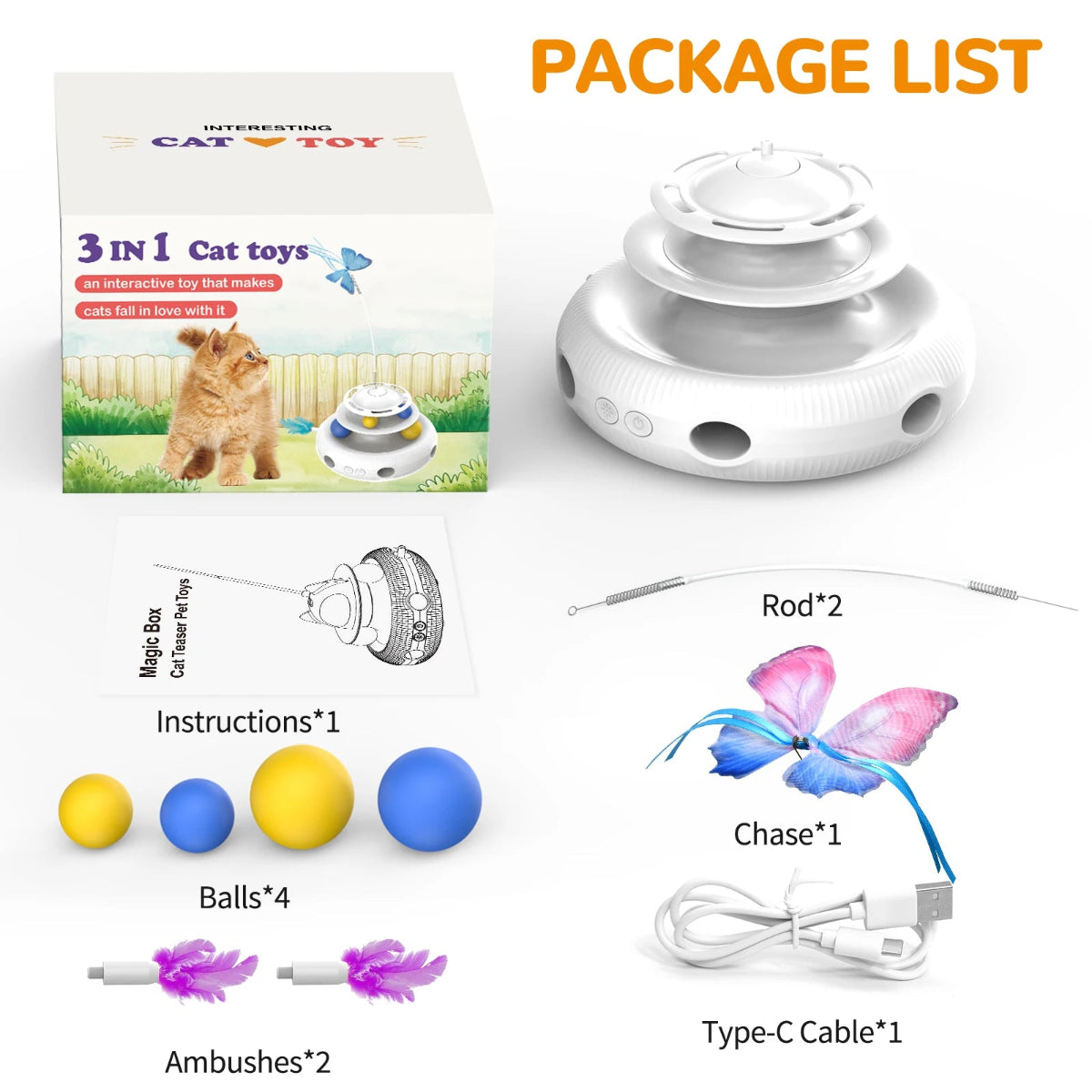 Package list of a cat toy set with packaging, toys, and accessories on a white background.