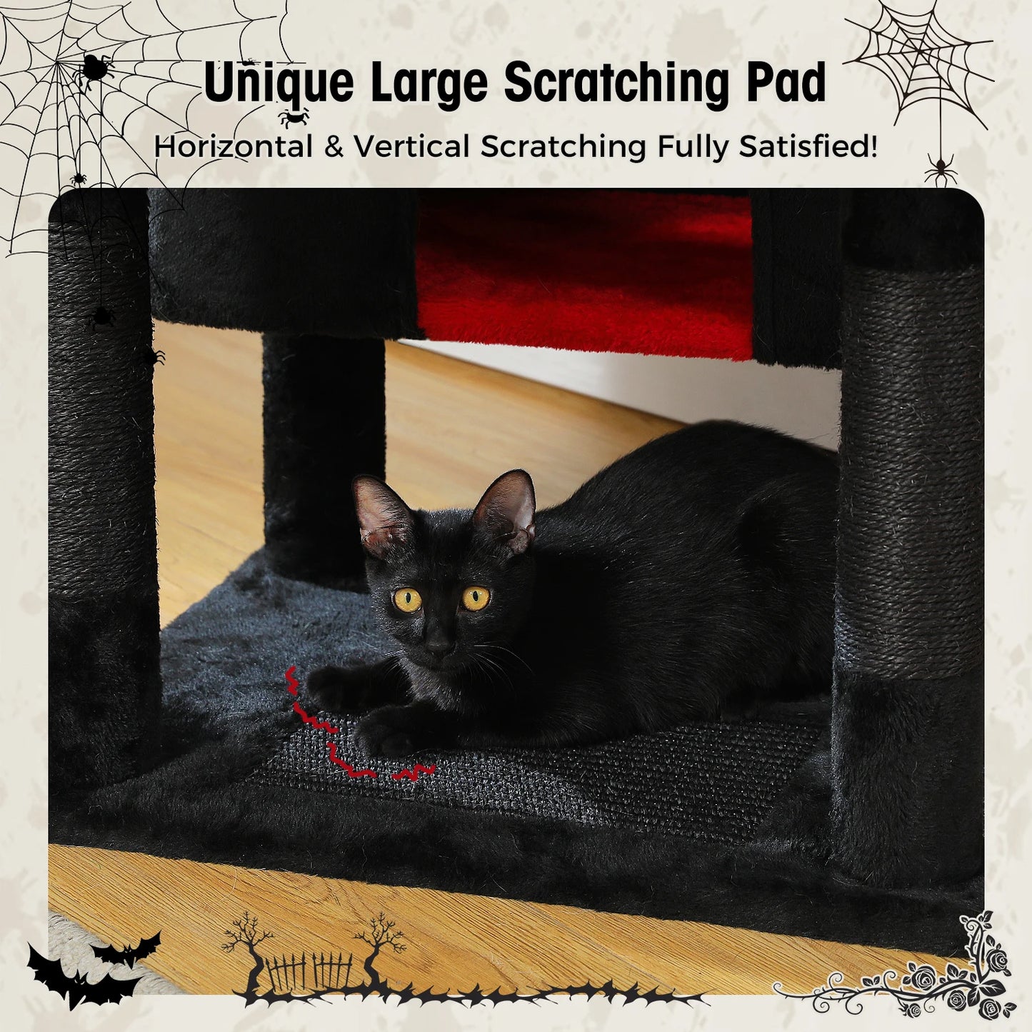 Black cat lying on a large scratching pad with Halloween-themed decorations.