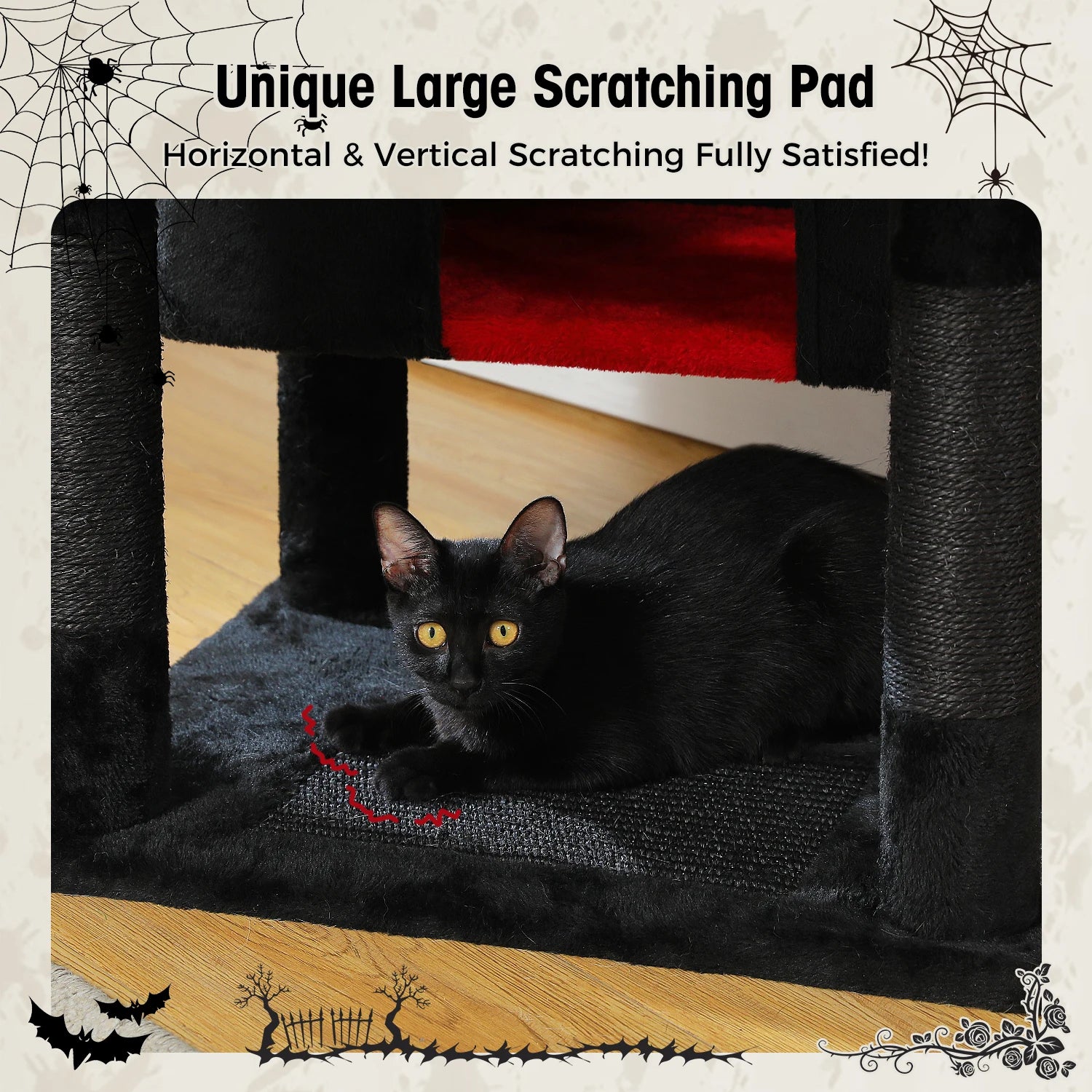 Black cat lying on a large scratching pad with Halloween-themed decorations.