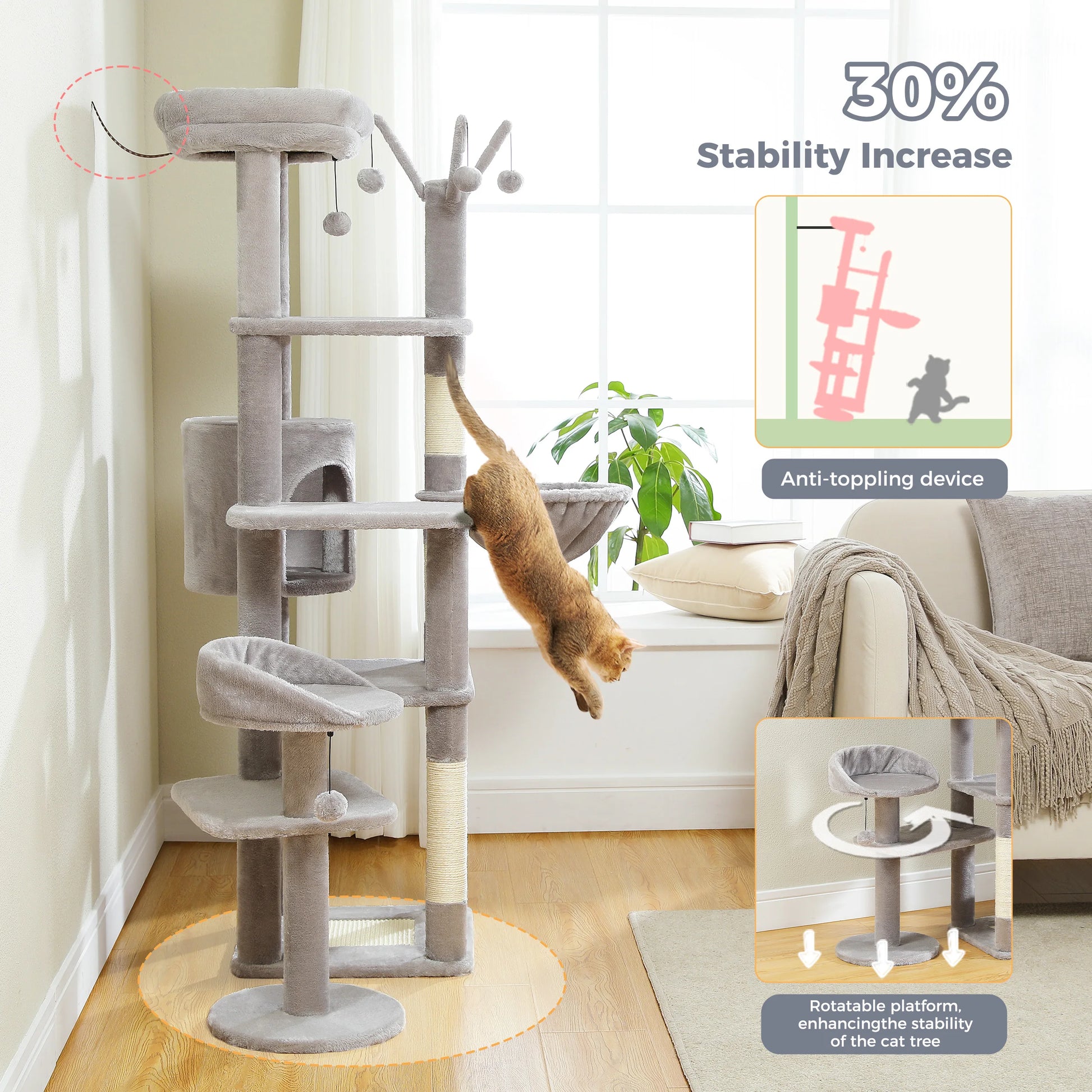 Cat tree with stability features in a living room setting