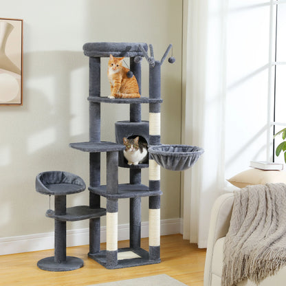 Cat tree with multiple levels and a cat sitting on one of the platforms in a living room.