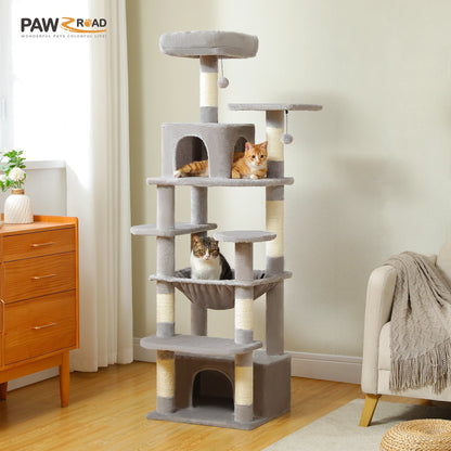 Cat tree with multiple levels and a cat sitting on each level in a room setting.